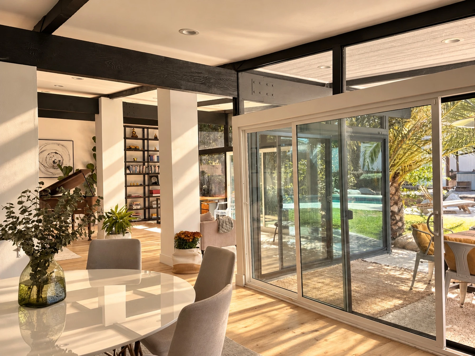 Inside / Light, expressive beams and connected rooms.
