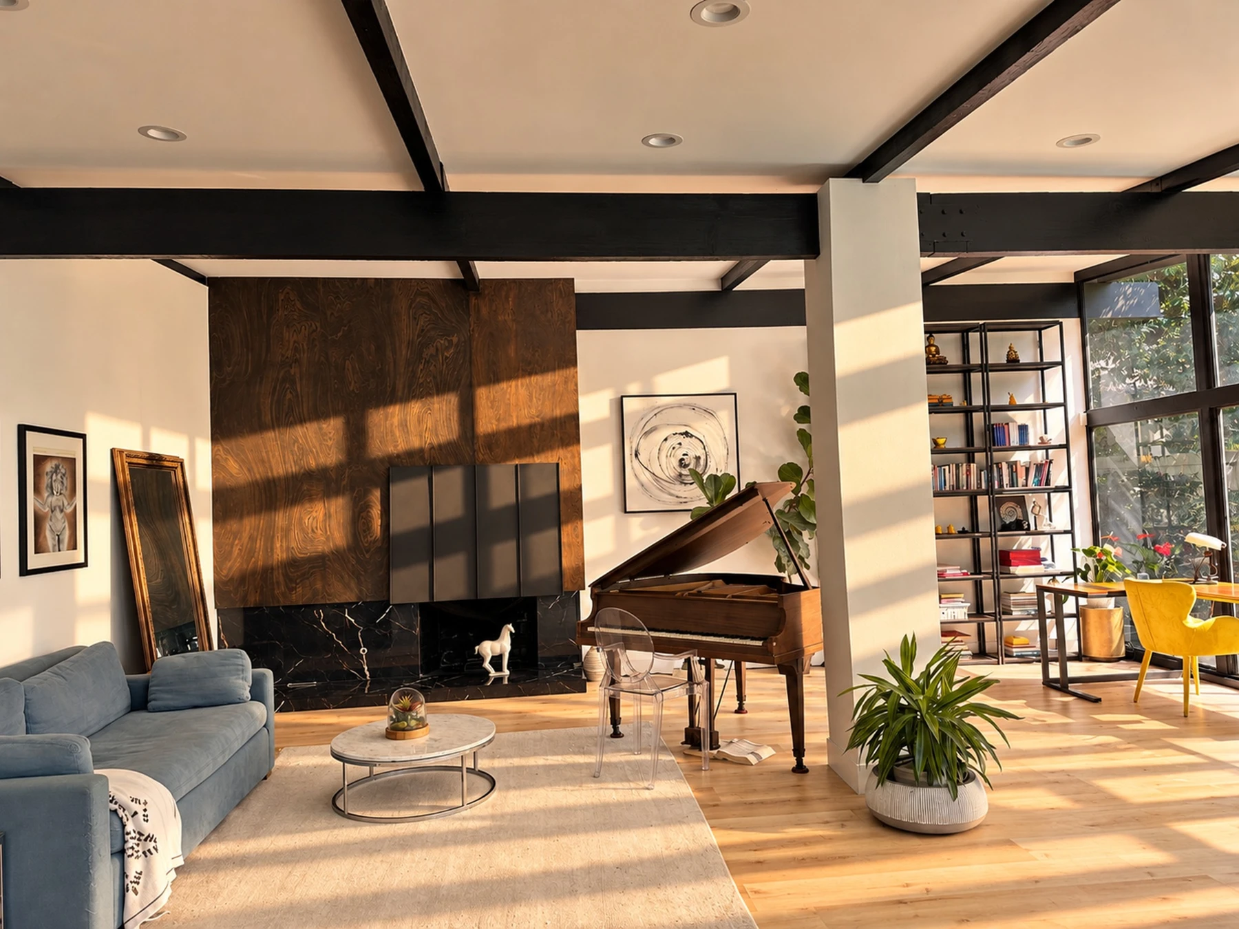 Light across the living room, fireplace and garden-facing workspace.